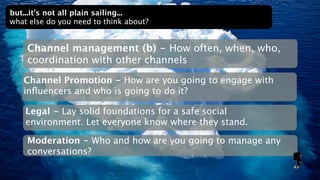 but...it’s not all plain sailing...
what else do you need to think about?


    Channel management (b) - How often, when, who,
    coordination with other channels
   Channel Promotion - How are you going to engage with
   inﬂuencers and who is going to do it?

    Legal - Lay solid foundations for a safe social
    environment. Let everyone know where they stand.

    Moderation - Who and how are you going to manage any
    conversations?
 