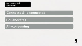the connected
consumer


Connects & Is connected

Collaborates

All-consuming
 
