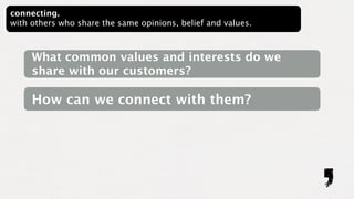 connecting.
with others who share the same opinions, belief and values.



     What common values and interests do we
     share with our customers?

     How can we connect with them?
 
