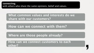 connecting.
with others who share the same opinions, belief and values.



     What common values and interests do we
     share with our customers?

     How can we connect with them?

     Where are those people already?
     How can we connect customers to each
     other?
 