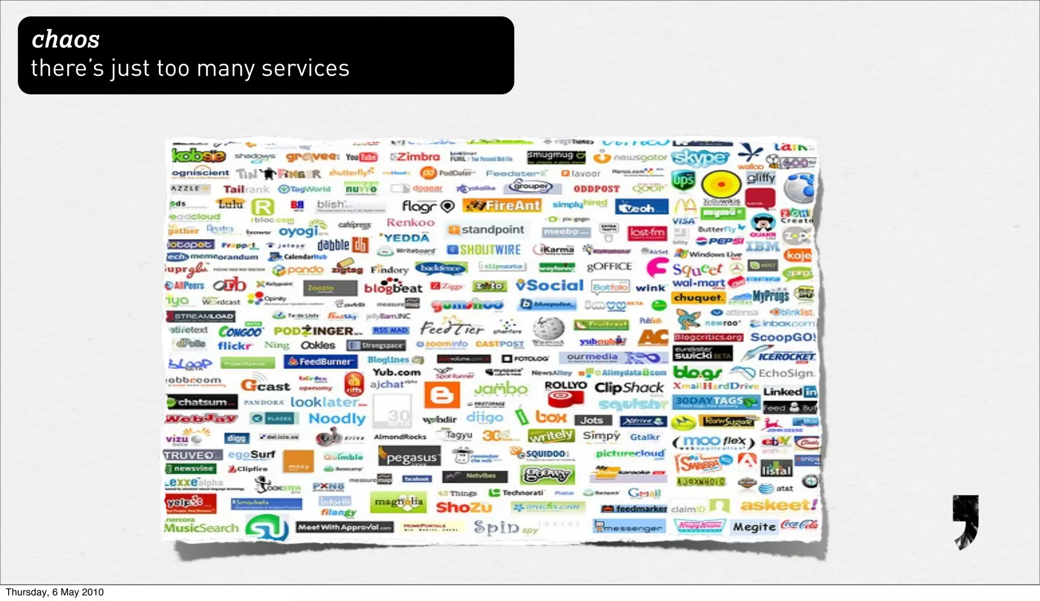 chaos
     there’s just too many services




Thursday, 6 May 2010
 
