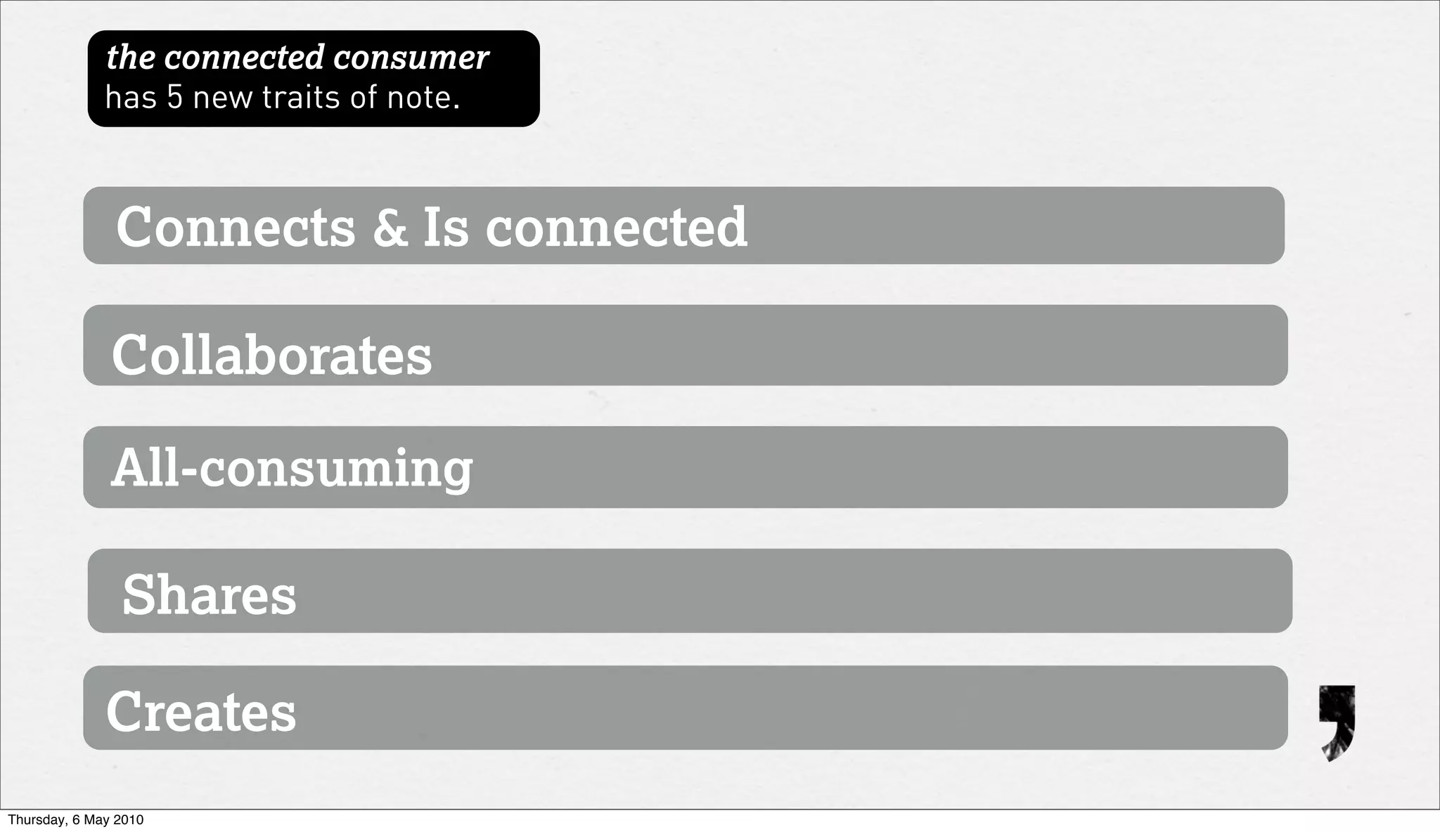 the connected consumer
              has 5 new traits of note.



               Connects & Is connected

               Collaborates

               All-consuming

                Shares

              Creates
Thursday, 6 May 2010
 