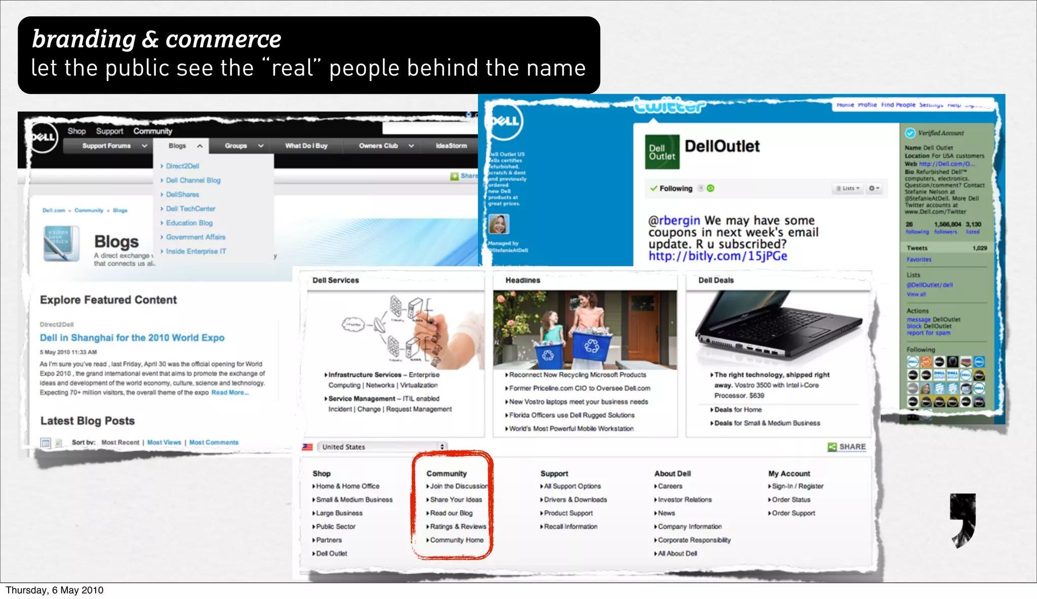 branding & commerce
     let the public see the “real” people behind the name




Thursday, 6 May 2010
 