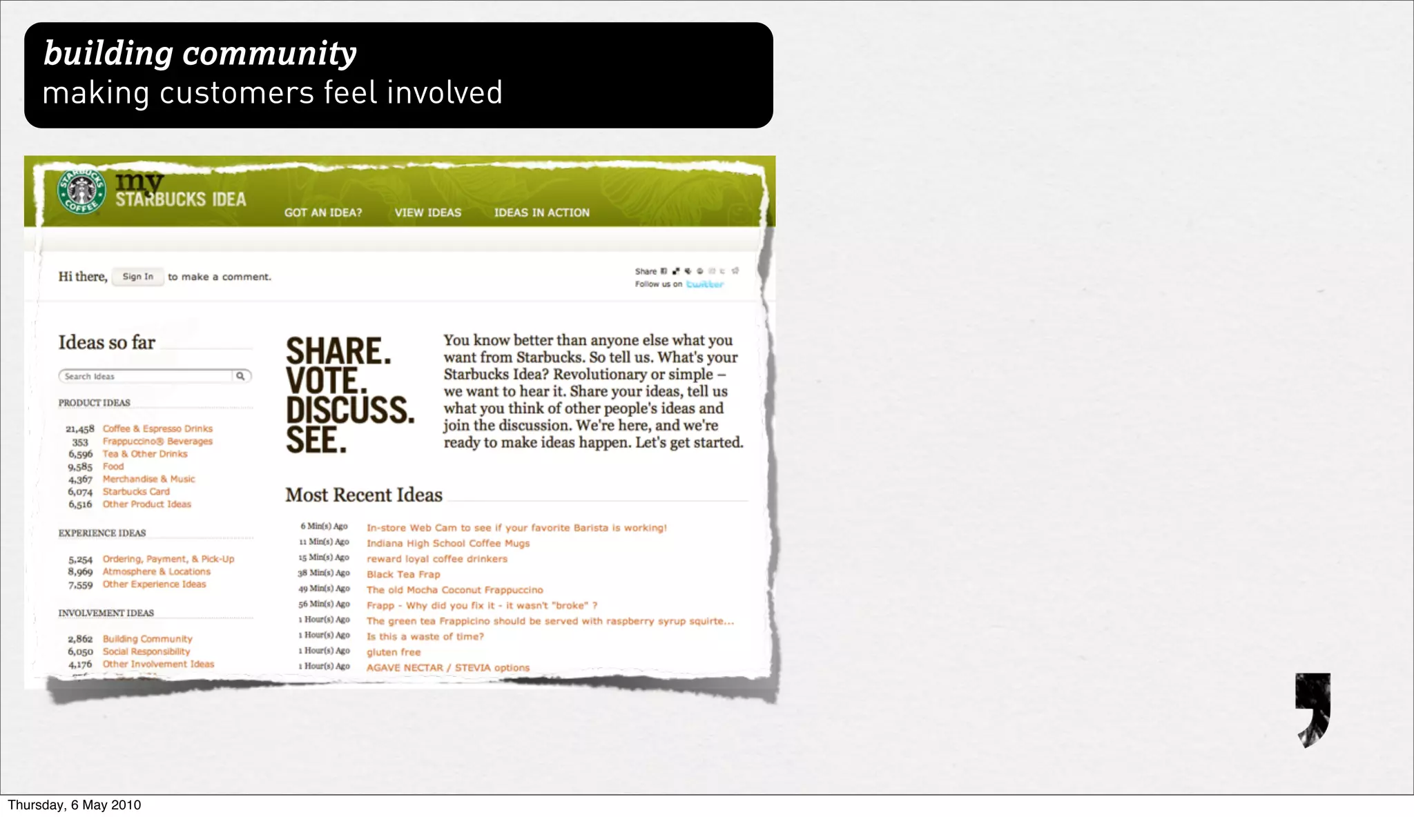 building community
     making customers feel involved




Thursday, 6 May 2010
 