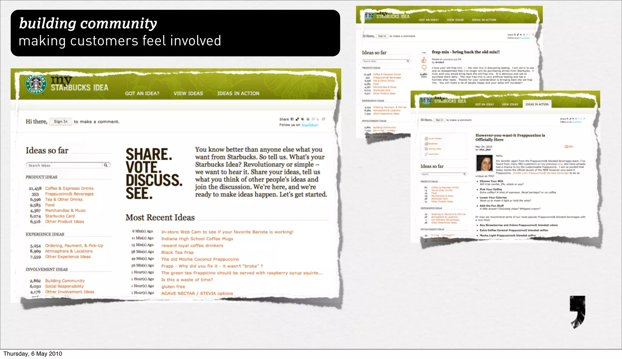 building community
     making customers feel involved




Thursday, 6 May 2010
 
