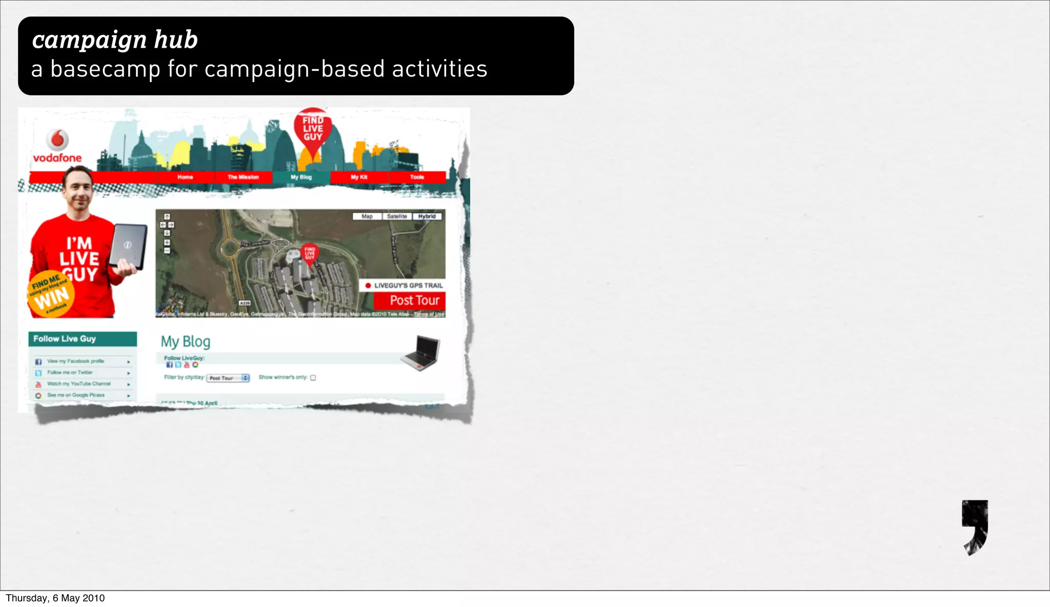 campaign hub
     a basecamp for campaign-based activities




Thursday, 6 May 2010
 