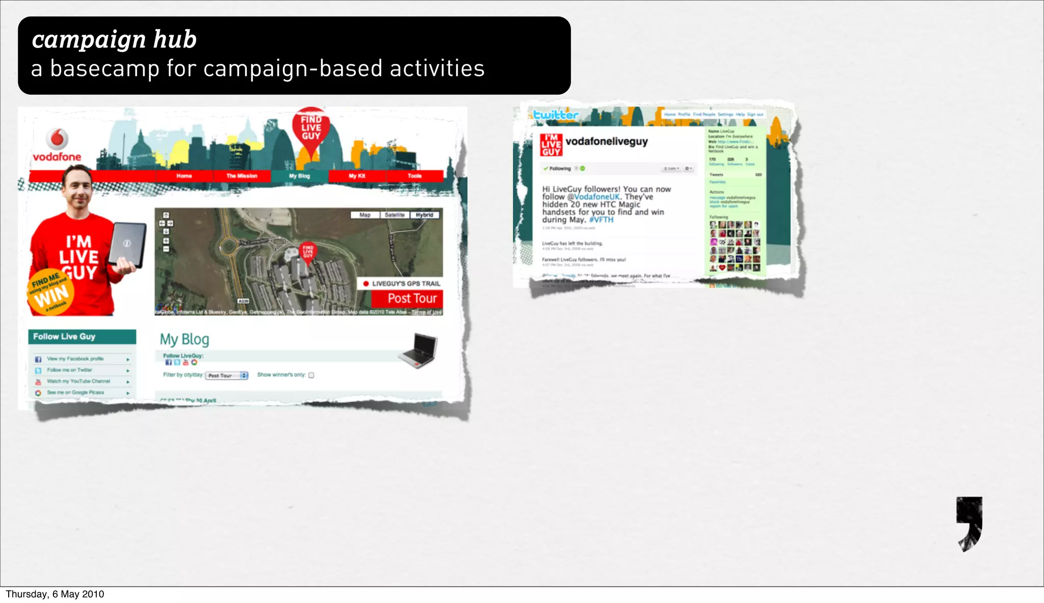 campaign hub
     a basecamp for campaign-based activities




Thursday, 6 May 2010
 