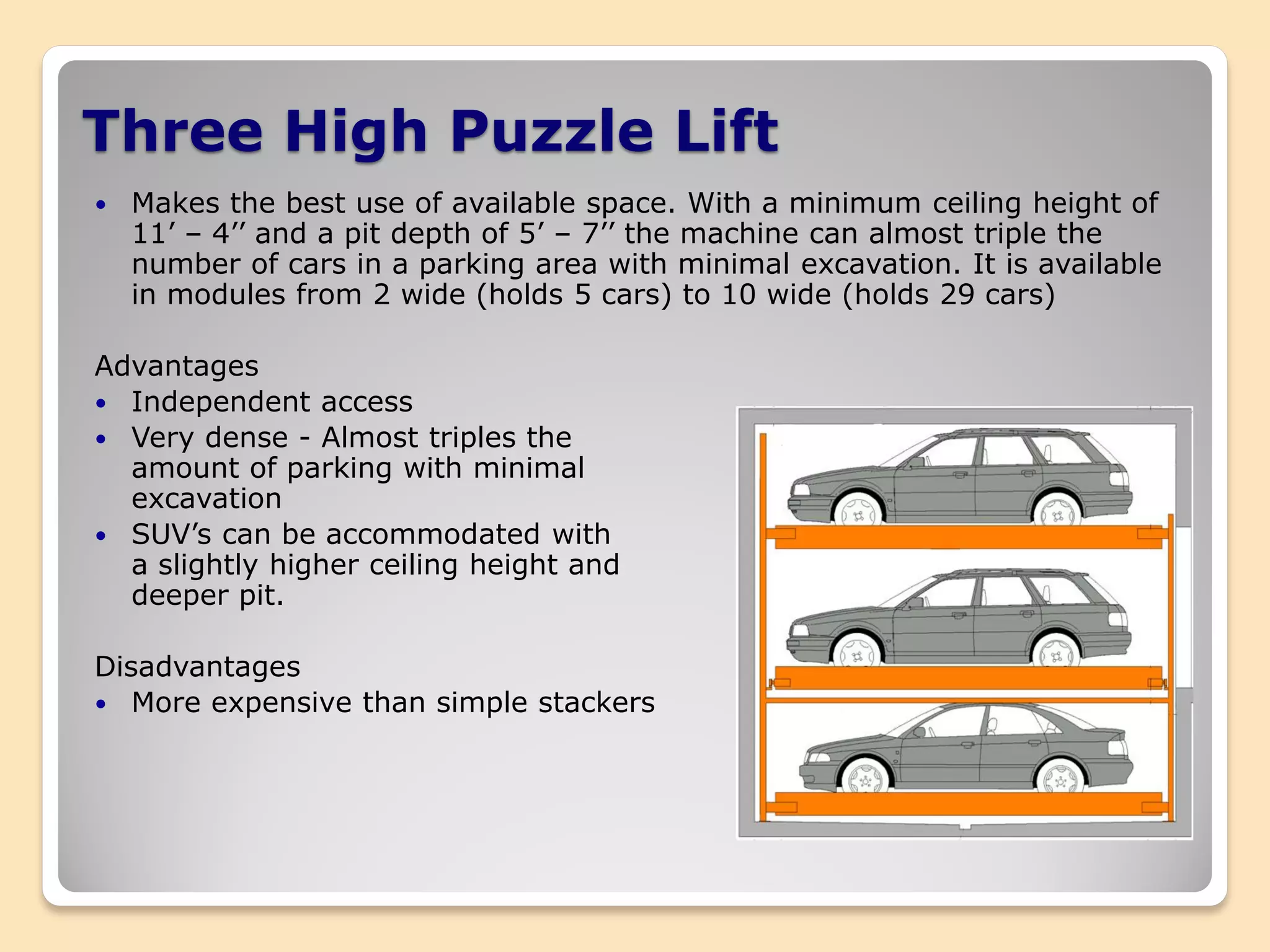 Three High Puzzle Lift
 Makes the best use of available space. With a minimum ceiling height of
11’ – 4’’ and a pit depth of 5’ – 7’’ the machine can almost triple the
number of cars in a parking area with minimal excavation. It is available
in modules from 2 wide (holds 5 cars) to 10 wide (holds 29 cars)
Advantages
 Independent access
 Very dense - Almost triples the
amount of parking with minimal
excavation
 SUV’s can be accommodated with
a slightly higher ceiling height and
deeper pit.
Disadvantages
 More expensive than simple stackers
 