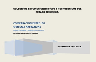 COLEGIO DE ESTUDIOS CIENTIFICOS Y TECNOLOGICOS DEL
                               ESTADO DE MEXICO.




COMPARACION ENTRE LOS
SISTEMAS OPERATIVOS
Windos 8, Windows 7, Android, Linux y Mac OS
DILAN DE JESUS PADILLA JIMENEZ




                                               RECUPERACION FINAL T.I.C.S.
 