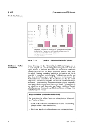 F 3.17                                                        Finanzierung und Förderung

Private Kulturförderung




                          Abb. F 3.17-1         Deutsche Crowdfunding-Plattform Statistik


Plattformen schaffen      Einige Beispiele, wie das Filmprojekt „Hotel Desire“ zeigen, dass es
Transparenz               an sich möglich ist, Crowdfunding plattformungebunden über eine
                          eigene Website zu betreiben. Jedoch hat die Präsentation auf Crowd-
                          funding-Plattformen für die Projektinitiatoren Vorteile: Ihnen steht
                          eine durch Experten entwickelte technische Infrastruktur zur Verfü-
                          gung, die es ermöglicht kostenfrei eine Projektseite zu erstellen und
                          diese über die Anbindung an soziale Netzwerke zu vermarkten. Die
                          Plattformbetreiber unterstützen die Projektinitiatoren bei der Erstel-
                          lung eines Crowdfunding-Projektes und wickeln den Finanzierungs-
                          prozess ab. Den potenziellen Kulturunterstützern wird die Suche nach
                          interessanten Projekten auf den Plattformen durch Filtermöglichkei-
                          ten, beispielsweise nach Kategorien oder Städten erleichtert. Über die
                          schon bestehende Community der Plattform können wichtige Netz-
                          werkeffekte erzielt werden.

                           Möglichkeiten der finanziellen Unterstützung

                           Der Unterstützer hat auf den Plattformen unterschiedliche Möglichkei-
                           ten, Projekte zu fördern:

                           –   Durch die Auswahl eines Förderbetrages mit einer Gegenleistung
                               (entspricht dem Crowdfunding-Prinzip)

                           –   Durch eine Spende (ohne Gegenleistung, ggf. mit Spendenbeleg)




4                                                                                   KMP 1 26 11 12
 