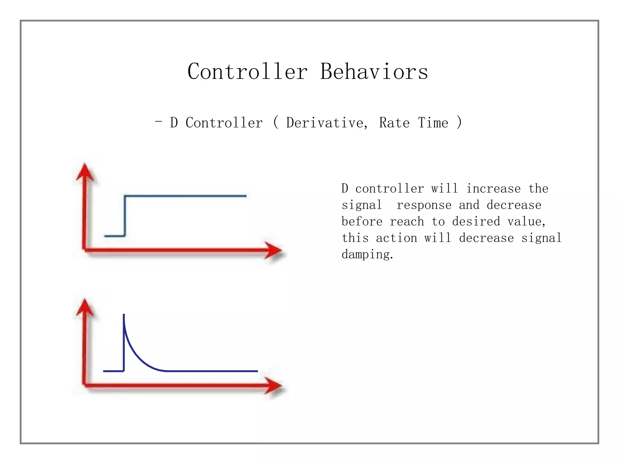 D Controller ( Derivative, Rate Time ) Controller Behaviors D controller will increase the signal  response and decrease before reach to desired value, this action will decrease signal damping.  