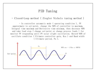 - Closed-Loop method (  Ziegler Nichols tuning method ) PID Tuning - In controller automatic mode ( operating condition ), PV approximate to set-point. change the %PB of controller to maximum, Integral time maximum and Derivative time minimum, then decrease %PB and take load step ( change set-point or change process loads ) for monitor PV responding until PV occur slight oscillation. Record %PB of oscillate condition ( Ultimate controller gain, Kcu ) and Band width ( Ultimate period, Pu ).  Set-point Pu PV %PB osc = 1/Kcu x 100(%) 