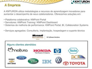 A KMTURON utiliza metodologias e recursos de aprendizagem inovadores para aumentar o desempenho de seus colaboradores. Oferecemos soluções em: Plataforma colaborativa: KMPoint Portal Servidores: KMPoint Training / KMPoint Dashboard Sistemas de melhoria de performance: KMPoint Portal, BI, Collaboration Systems Serviços agregados: Consultoria, implantação, hospedagem e suporte técnico  Alguns clientes atendidos A Empresa 