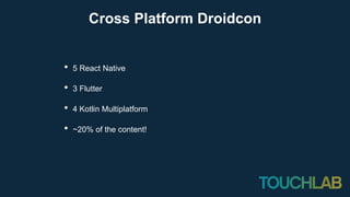 • 5 React Native
• 3 Flutter
• 4 Kotlin Multiplatform
• ~20% of the content!
Cross Platform Droidcon
 