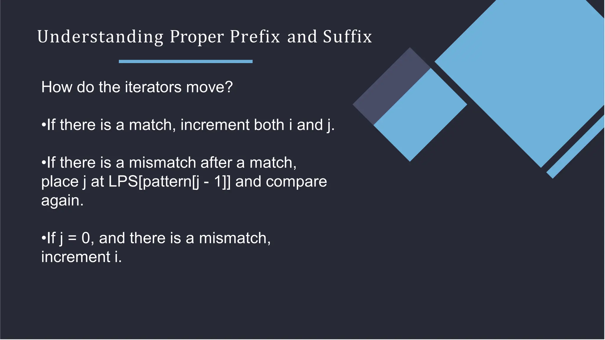 Understanding Proper Prefix and Suffix
How do the iterators move?
•If there is a match, increment both i and j.
•If there is a mismatch after a match,
place j at LPS[pattern[j - 1]] and compare
again.
•If j = 0, and there is a mismatch,
increment i.
 