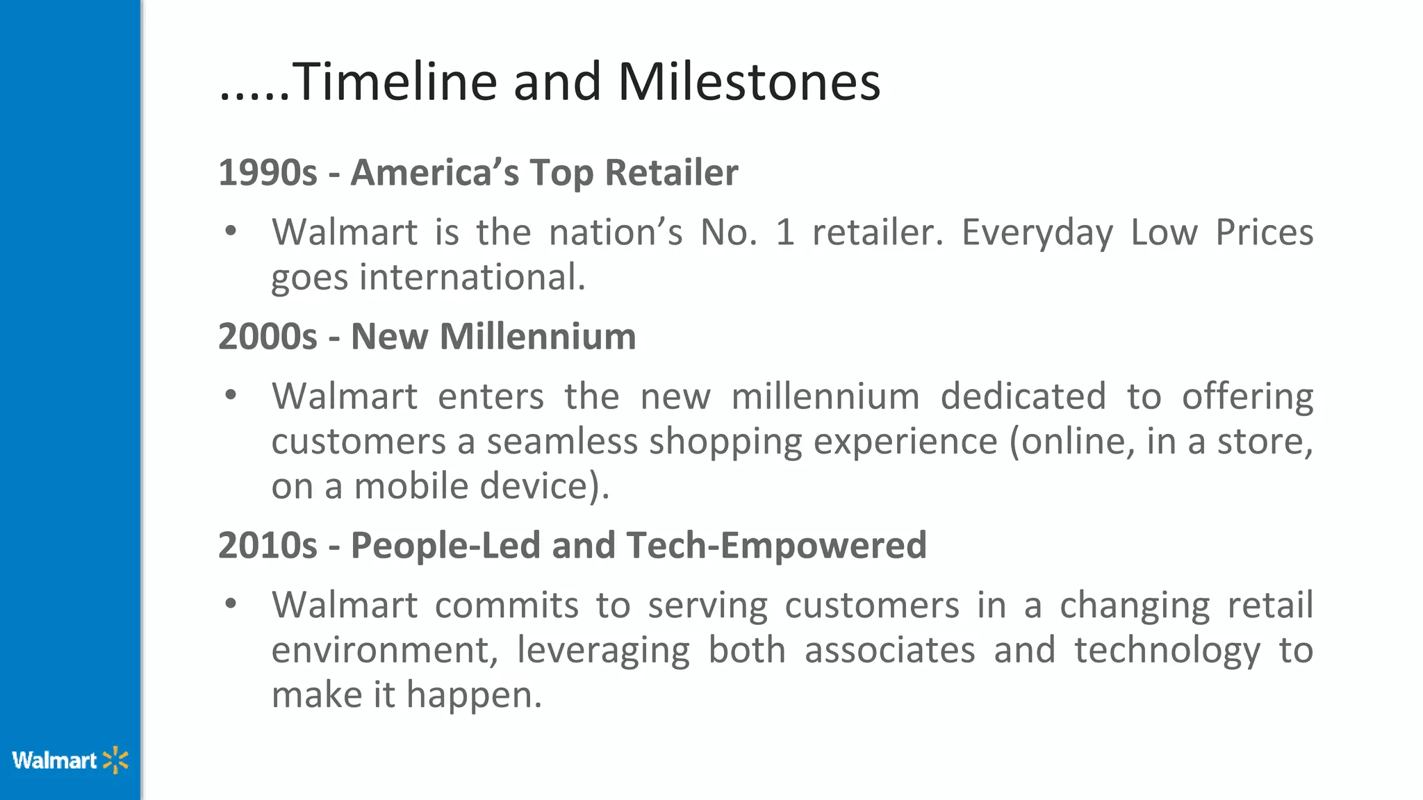 .....Timeline and Milestones
1990s - America’s Top Retailer
• Walmart is the nation’s No. 1 retailer. Everyday Low Prices
goes international.
2000s - New Millennium
• Walmart enters the new millennium dedicated to offering
customers a seamless shopping experience (online, in a store,
on a mobile device).
2010s - People-Led and Tech-Empowered
• Walmart commits to serving customers in a changing retail
environment, leveraging both associates and technology to
make it happen.
 