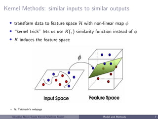 Kernel Methods: similar inputs to similar outputs
• transform data to feature space H with non-linear map φ
• “kernel trick” lets us use K(, ) similarity function instead of φ
• K induces the feature space
N. Takahashi’s webpage
Adaptive Naive Bayes Kernel Machine Model Model and Methods 7
 