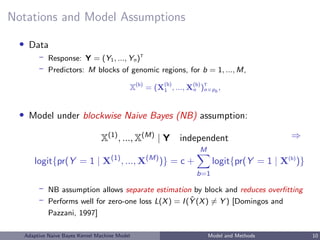 Notations and Model Assumptions
• Data
– Response: Y = (Y1, ..., Yn)T
– Predictors: M blocks of genomic regions, for b = 1, ..., M,
X(b)
= (X
(b)
1 , ..., X(b)
n )T
n×pb
,
• Model under blockwise Naive Bayes (NB) assumption:
X(1)
, ..., X(M)
| Y independent ⇒
logit{pr(Y = 1 | X(1)
, ..., X(M)
)} = c +
M
b=1
logit{pr(Y = 1 | X(b)
)}
– NB assumption allows separate estimation by block and reduces overﬁtting
– Performs well for zero-one loss L(X) = I( ˆY (X) = Y ) [Domingos and
Pazzani, 1997]
Adaptive Naive Bayes Kernel Machine Model Model and Methods 10
 