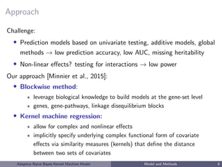 Approach
Challenge:
• Prediction models based on univariate testing, additive models, global
methods → low prediction accuracy, low AUC, missing heritability
• Non-linear eﬀects? testing for interactions → low power
Our approach [Minnier et al., 2015]:
• Blockwise method:
leverage biological knowledge to build models at the gene-set level
genes, gene-pathways, linkage disequilibrium blocks
• Kernel machine regression:
allow for complex and nonlinear eﬀects
implicitly specify underlying complex functional form of covariate
eﬀects via similarity measures (kernels) that deﬁne the distance
between two sets of covariates
Adaptive Naive Bayes Kernel Machine Model Model and Methods 6
 