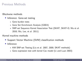 Previous Methods
Blockwise methods
• Inference: Gene-set testing
Gene burden tests
Gene Set Enrichment Analysis (GSEA)
SNP...