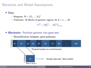Notations and Model Assumptions
• Data
– Response: Y = (Y1, ..., Yn)T
– Predictors: M blocks of genomic regions, for b = 1, ..., M,
X(b)
= (X
(b)
1 , ..., X(b)
n )T
n×pb
,
• Blockwise: Partition genome into gene-sets
– Recombination hotspots, gene-pathways
Adaptive Naive Bayes Kernel Machine Model Model and Methods 9
 
