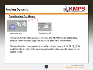 M O D U L A R P R O C E S S S Y S T E M S | D I S T I L L A T I O N | L I Q U I D E X T R A C T I O N | E N G I N E E R I N G | P I L O T T E S T I N G
Telephone: (201) 267-8670
www.modularprocess.com
Analog Dynamo
12
Combination Bar Graph
The combination bar graph presents PID and AI information graphically,
relative to the defined high and low scale defined in the dynamo.
The combination bar graph indicates the relative values of PV, SP, SP_WRK,
and alarm limits (when the corresponding alarm is enabled), based on the
scaled range.
Control Loop (PID) Analog Input (AI)
 