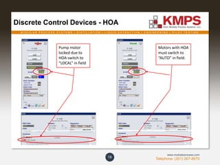 M O D U L A R P R O C E S S S Y S T E M S | D I S T I L L A T I O N | L I Q U I D E X T R A C T I O N | E N G I N E E R I N G | P I L O T T E S T I N G
Telephone: (201) 267-8670
www.modularprocess.com
Discrete Control Devices - HOA
18
Motors with HOA
must switch to
“AUTO” in field.
Pump motor
locked due to
HOA switch to
“LOCAL” in field
 