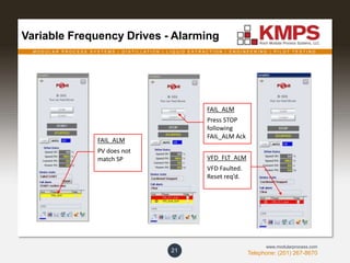 M O D U L A R P R O C E S S S Y S T E M S | D I S T I L L A T I O N | L I Q U I D E X T R A C T I O N | E N G I N E E R I N G | P I L O T T E S T I N G
Telephone: (201) 267-8670
www.modularprocess.com
Variable Frequency Drives - Alarming
21
FAIL_ALM
PV does not
match SP
FAIL_ALM
Press STOP
following
FAIL_ALM Ack
VFD_FLT_ALM
VFD Faulted.
Reset req’d.
 