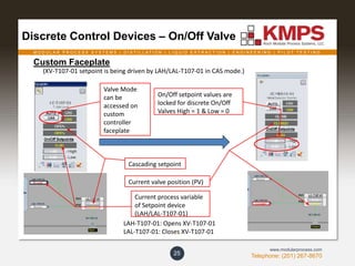 M O D U L A R P R O C E S S S Y S T E M S | D I S T I L L A T I O N | L I Q U I D E X T R A C T I O N | E N G I N E E R I N G | P I L O T T E S T I N G
Telephone: (201) 267-8670
www.modularprocess.com
Discrete Control Devices – On/Off Valve
25
Custom Faceplate
(XV-T107-01 setpoint is being driven by LAH/LAL-T107-01 in CAS mode.)
On/Off setpoint values are
locked for discrete On/Off
Valves High = 1 & Low = 0
Current process variable
of Setpoint device
(LAH/LAL-T107-01)
Current valve position (PV)
Cascading setpoint
Valve Mode
can be
accessed on
custom
controller
faceplate
LAH-T107-01: Opens XV-T107-01
LAL-T107-01: Closes XV-T107-01
 
