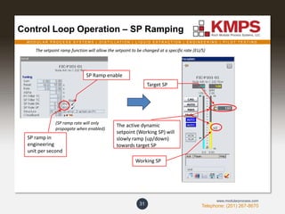 M O D U L A R P R O C E S S S Y S T E M S | D I S T I L L A T I O N | L I Q U I D E X T R A C T I O N | E N G I N E E R I N G | P I L O T T E S T I N G
Telephone: (201) 267-8670
www.modularprocess.com
Control Loop Operation – SP Ramping
31
The setpoint ramp function will allow the setpoint to be changed at a specific rate (EU/S)
SP ramp in
engineering
unit per second
Working SP
The active dynamic
setpoint (Working SP) will
slowly ramp (up/down)
towards target SP
SP Ramp enable
(SP ramp rate will only
propagate when enabled)
Target SP
 
