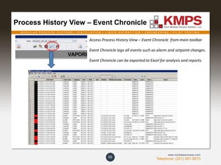 M O D U L A R P R O C E S S S Y S T E M S | D I S T I L L A T I O N | L I Q U I D E X T R A C T I O N | E N G I N E E R I N G | P I L O T T E S T I N G
Telephone: (201) 267-8670
www.modularprocess.com
Process History View – Event Chronicle
55
Access Process History View – Event Chronicle from main toolbar
Event Chronicle logs all events such as alarm and setpoint changes.
Event Chronicle can be exported to Excel for analysis and reports.
 