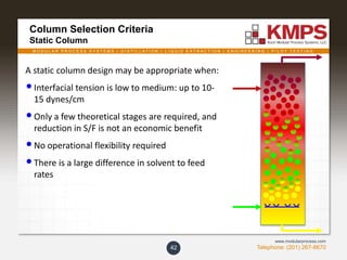 M O D U L A R P R O C E S S S Y S T E M S | D I S T I L L A T I O N | L I Q U I D E X T R A C T I O N | E N G I N E E R I N G | P I L O T T E S T I N G
Telephone: (201) 267-8670
www.modularprocess.com
Column Selection Criteria
Static Column
42
A static column design may be appropriate when:
•Interfacial tension is low to medium: up to 10-
15 dynes/cm
•Only a few theoretical stages are required, and
reduction in S/F is not an economic benefit
•No operational flexibility required
•There is a large difference in solvent to feed
rates
 