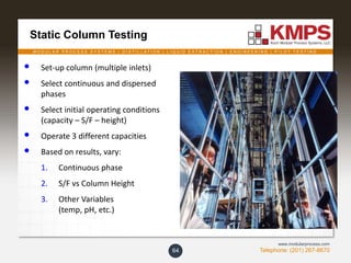 M O D U L A R P R O C E S S S Y S T E M S | D I S T I L L A T I O N | L I Q U I D E X T R A C T I O N | E N G I N E E R I N G | P I L O T T E S T I N G
Telephone: (201) 267-8670
www.modularprocess.com
Static Column Testing
64
• Set-up column (multiple inlets)
• Select continuous and dispersed
phases
• Select initial operating conditions
(capacity – S/F – height)
• Operate 3 different capacities
• Based on results, vary:
1. Continuous phase
2. S/F vs Column Height
3. Other Variables
(temp, pH, etc.)
 