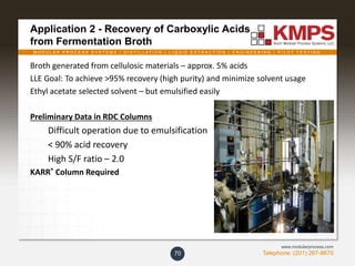 M O D U L A R P R O C E S S S Y S T E M S | D I S T I L L A T I O N | L I Q U I D E X T R A C T I O N | E N G I N E E R I N G | P I L O T T E S T I N G
Telephone: (201) 267-8670
www.modularprocess.com
Application 2 - Recovery of Carboxylic Acids
from Fermentation Broth
Broth generated from cellulosic materials – approx. 5% acids
LLE Goal: To achieve >95% recovery (high purity) and minimize solvent usage
Ethyl acetate selected solvent – but emulsified easily
Preliminary Data in RDC Columns
Difficult operation due to emulsification
< 90% acid recovery
High S/F ratio – 2.0
KARR® Column Required
70
 