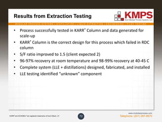 M O D U L A R P R O C E S S S Y S T E M S | D I S T I L L A T I O N | L I Q U I D E X T R A C T I O N | E N G I N E E R I N G | P I L O T T E S T I N G
Telephone: (201) 267-8670
www.modularprocess.com
Results from Extraction Testing
• Process successfully tested in KARR® Column and data generated for
scale-up
• KARR® Column is the correct design for this process which failed in RDC
column
• S/F ratio improved to 1.5 (client expected 2)
• 96-97% recovery at room temperature and 98-99% recovery at 40-45 C
• Complete system (LLE + distillations) designed, fabricated, and installed
• LLE testing identified “unknown” component
72KARR® and SCHEIBEL® are registered trademarks of Koch-Glitsch, LP.
 