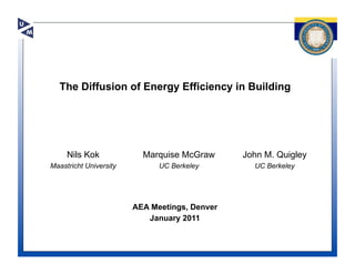 The Diffusion of Energy Efficiency in Building




     Nils Kok             Marquise McGraw      John M. Quigley
Maastricht University         UC Berkeley        UC Berkeley




                        AEA Meetings, Denver
                           January 2011
 