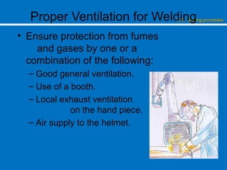 L10 : Joining processesL10 : Joining processesProper Ventilation for Welding
• Ensure protection from fumes
and gases by one or a
combination of the following:
– Good general ventilation.
– Use of a booth.
– Local exhaust ventilation
on the hand piece.
– Air supply to the helmet.
 