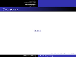 Introduction
Experimental Setup
Genetic Operators
Applications
CROSSOVER
log
log
tan z
+
y
x * (tan y + z ) log (x + yz )
z
*
x +
+
x
zy
*
*
x +
x *
y z
x * ( (x+yz) + z ) log (tan y)
tan
y
offsprings
parents
Functions
Terminals
subtrees selected randomly for crossover
FIGURE:
Muhammad Adil Raja Genetic Programming
 