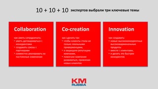 Collaboration
как уметь сотрудничать:
• уметь договариваться с
конкурентами
• создавать союзы с
партнерами
• совместно реагировать на
постоянные изменения
Co-сreation
как сделать так:
• чтобы клиенты стали не
только лояльными
приверженцами,
• а защищали репутацию
компании,
• помогали компании
развиваться, привлекая
новых клиентов
Innovation
как создавать:
• новые высококонкурентные
высокомаржинальные
продукты
• вместе с клиентами,
• и делать это быстрее
конкурентов
экспертов выбрали три ключевые темы10 + 10 + 10
 