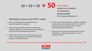+ 5010 + 10 + 10 участников
проекта co-creation
12 проектов
(8 компаний)
Из 26 недель пройдено 12
1. Знать, как создавать высокомаржинальные
высококонкурентные продукты.
2. Создать команду, которая бьется за свой бизнес,
понимает друг друга с полуслова, быстро реагирует и
самостоятельно разрабатывает решения.
3. Сделать так, чтобы клиенты стали лояльны, стали
частью твоей команды и участвовали в разработке
продукта и развитии бизнеса.
Приезжают решить свои ТОП-5 задач:
4. Узнать, как систематизировать, сохранять, создавать
и применять знания внутри компании так, чтобы у
всех было единое понимание цели, а время
принятия решений сократилось.
5. Спросить лично мировых экспертов какие знания,
инструменты, подходы будут влиять на успех
компании завтра.
Топ-50 участников, которые занимаются текущим внедрением Сo-Creation и будут договариваться между собой.
 