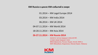 KM Russia в цикле KM-событий в мире
01.2014 –
03.2014 –
06.2014 –
04-07.11.2014 –
18-20.11.2014 –
26-27.11.2014 –
KM Legal Europe 2014
KM India 2014
KM UK 2014
KM World 2014
KM Asia 2014
KM Russia 2014
является частью ведущих событий КМ
в мире среди ведущих стран
BRICS (Бразилия, Россия, Индия, Китай, ЮАР) и
MIST (Малайзия, Индонезия, Южная Корея, Тайвань)
 