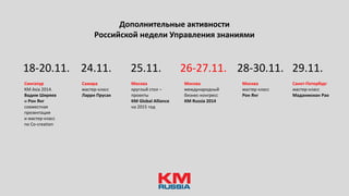Дополнительные активности
Российской недели Управления знаниями
18-20.11.
Сингапур
KM Asia 2014.
Вадим Ширяев
и Рон Янг
совместная
презентация
и мастер-класс
по Сo-creation
24.11. 25.11. 26-27.11. 28-30.11.
Самара
мастер-класс
Ларри Прусак
Москва
круглый стол –
проекты
КМ Global Alliance
на 2015 год
Москва
международный
бизнес-конгресс
КМ Russia 2014
Москва
мастер-класс
Рон Янг
29.11.
Санкт-Петербург
мастер-класс
Маданмохан Рао
 