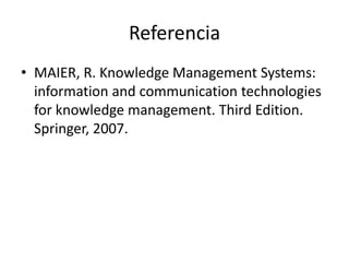 ReferenciaMAIER, R. Knowledge Management Systems: information and communicationtechnologiesforknowledgemanagement. ThirdEdition. Springer, 2007.