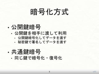 uji52
暗号化方式
• 公開鍵暗号
• 公開鍵を相手に渡して利用
• 公開鍵暗号化してデータを渡す
• 秘密鍵で署名してデータを渡す
• 共通鍵暗号
• 同じ鍵で暗号化・復号化
5
 