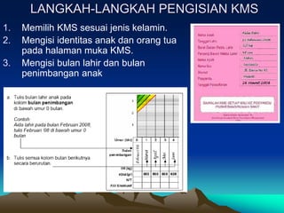 LANGKAH-LANGKAH PENGISIAN KMS
1. Memilih KMS sesuai jenis kelamin.
2. Mengisi identitas anak dan orang tua
pada halaman muka KMS.
3. Mengisi bulan lahir dan bulan
penimbangan anak
 