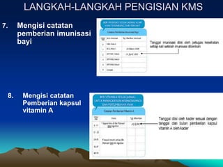 LANGKAH-LANGKAH PENGISIAN KMS
7. Mengisi catatan
pemberian imunisasi
bayi
8. Mengisi catatan
Pemberian kapsul
vitamin A
 