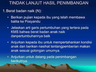 TINDAK LANJUT HASIL PENIMBANGAN
1.Berat badan naik (N):
• Berikan pujian kepada ibu yang telah membawa
balita ke Posyandu
• Jelaskan arti garis pertumbuhan yang tertera pada
KMS bahwa berat badan anak naik
danpertumbuhannya baik
• Anjurkan kepada ibu untuk mempertahankan kondisi
anak dan berikan nasihat tentangpemberian makan
anak sesuai golongan umurnya.
• Anjurkan untuk datang pada penimbangan
berikutnya.
 