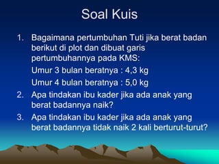 Soal Kuis
1. Bagaimana pertumbuhan Tuti jika berat badan
berikut di plot dan dibuat garis
pertumbuhannya pada KMS:
Umur 3 bulan beratnya : 4,3 kg
Umur 4 bulan beratnya : 5,0 kg
2. Apa tindakan ibu kader jika ada anak yang
berat badannya naik?
3. Apa tindakan ibu kader jika ada anak yang
berat badannya tidak naik 2 kali berturut-turut?
 