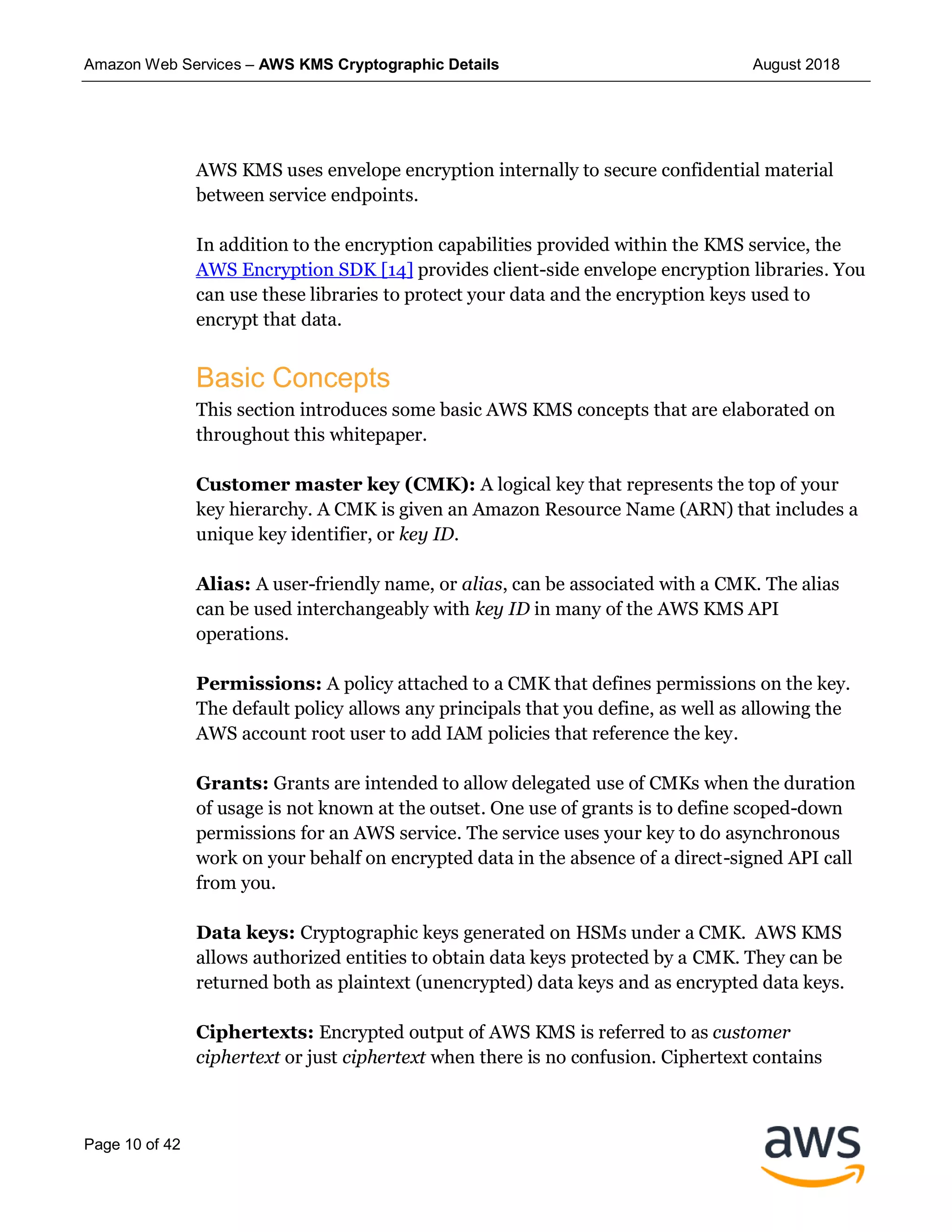 Amazon Web Services – AWS KMS Cryptographic Details August 2018
Page 10 of 42
AWS KMS uses envelope encryption internally to secure confidential material
between service endpoints.
In addition to the encryption capabilities provided within the KMS service, the
AWS Encryption SDK [14] provides client-side envelope encryption libraries. You
can use these libraries to protect your data and the encryption keys used to
encrypt that data.
Basic Concepts
This section introduces some basic AWS KMS concepts that are elaborated on
throughout this whitepaper.
Customer master key (CMK): A logical key that represents the top of your
key hierarchy. A CMK is given an Amazon Resource Name (ARN) that includes a
unique key identifier, or key ID.
Alias: A user-friendly name, or alias, can be associated with a CMK. The alias
can be used interchangeably with key ID in many of the AWS KMS API
operations.
Permissions: A policy attached to a CMK that defines permissions on the key.
The default policy allows any principals that you define, as well as allowing the
AWS account root user to add IAM policies that reference the key.
Grants: Grants are intended to allow delegated use of CMKs when the duration
of usage is not known at the outset. One use of grants is to define scoped-down
permissions for an AWS service. The service uses your key to do asynchronous
work on your behalf on encrypted data in the absence of a direct-signed API call
from you.
Data keys: Cryptographic keys generated on HSMs under a CMK. AWS KMS
allows authorized entities to obtain data keys protected by a CMK. They can be
returned both as plaintext (unencrypted) data keys and as encrypted data keys.
Ciphertexts: Encrypted output of AWS KMS is referred to as customer
ciphertext or just ciphertext when there is no confusion. Ciphertext contains
 