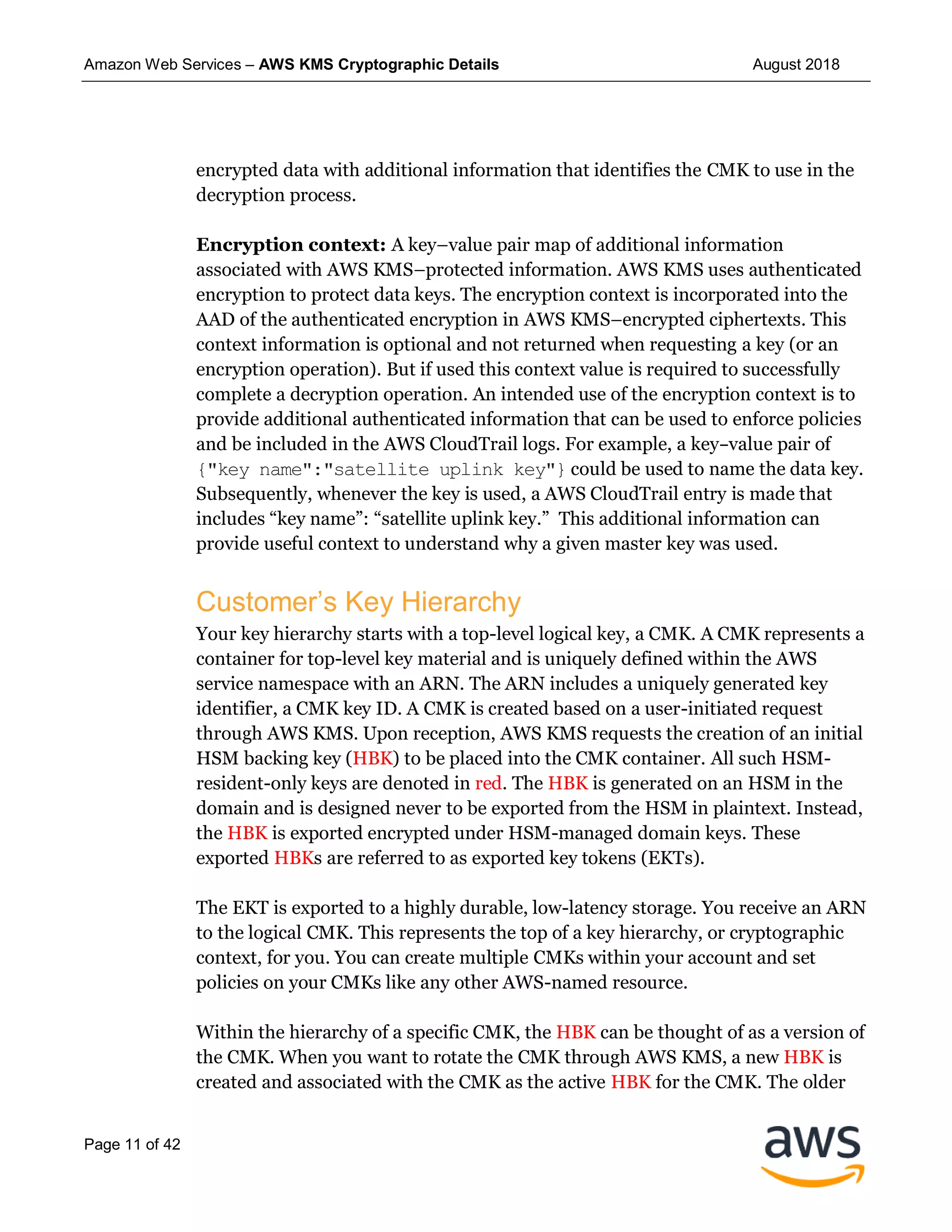 Amazon Web Services – AWS KMS Cryptographic Details August 2018
Page 11 of 42
encrypted data with additional information that identifies the CMK to use in the
decryption process.
Encryption context: A key–value pair map of additional information
associated with AWS KMS–protected information. AWS KMS uses authenticated
encryption to protect data keys. The encryption context is incorporated into the
AAD of the authenticated encryption in AWS KMS–encrypted ciphertexts. This
context information is optional and not returned when requesting a key (or an
encryption operation). But if used this context value is required to successfully
complete a decryption operation. An intended use of the encryption context is to
provide additional authenticated information that can be used to enforce policies
and be included in the AWS CloudTrail logs. For example, a key–value pair of
{"key name":"satellite uplink key"} could be used to name the data key.
Subsequently, whenever the key is used, a AWS CloudTrail entry is made that
includes “key name”: “satellite uplink key.” This additional information can
provide useful context to understand why a given master key was used.
Customer’s Key Hierarchy
Your key hierarchy starts with a top-level logical key, a CMK. A CMK represents a
container for top-level key material and is uniquely defined within the AWS
service namespace with an ARN. The ARN includes a uniquely generated key
identifier, a CMK key ID. A CMK is created based on a user-initiated request
through AWS KMS. Upon reception, AWS KMS requests the creation of an initial
HSM backing key (HBK) to be placed into the CMK container. All such HSM-
resident-only keys are denoted in red. The HBK is generated on an HSM in the
domain and is designed never to be exported from the HSM in plaintext. Instead,
the HBK is exported encrypted under HSM-managed domain keys. These
exported HBKs are referred to as exported key tokens (EKTs).
The EKT is exported to a highly durable, low-latency storage. You receive an ARN
to the logical CMK. This represents the top of a key hierarchy, or cryptographic
context, for you. You can create multiple CMKs within your account and set
policies on your CMKs like any other AWS-named resource.
Within the hierarchy of a specific CMK, the HBK can be thought of as a version of
the CMK. When you want to rotate the CMK through AWS KMS, a new HBK is
created and associated with the CMK as the active HBK for the CMK. The older
 
